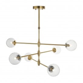 Lightplan Collection Orion 6 Light Pendant with Twisted Clear Glass, Brushed Brass