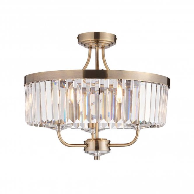  Savoy Round Cut Glass Semi-Flush Ceiling Light, Antique Brass