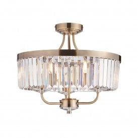 Lightplan Collection Savoy Round Cut Glass Semi-Flush Ceiling Light, Antique Brass