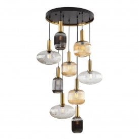 Norma Pendant Light, 9 Lamps, Black/Brass