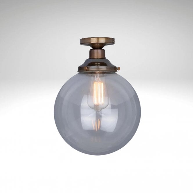 Riad Clear Glass Globe Flush Ceiling Light 30cm, Antique Brass