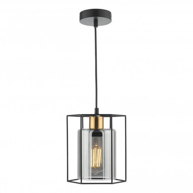 Tatum Smoked Glass Pendant Light, Matt Black & Antique Brass