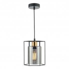Tatum Smoked Glass Pendant Light, Matt Black & Antique Brass